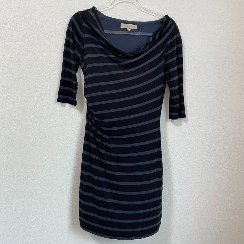 LOFT Black and Gray Striped Wide Cowl Neck 3/4 Sleeve Above The Knee Dress MP